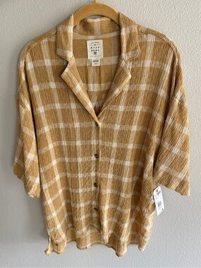 Billabong Beach Side Tan Plaid Button Fly Shirt Oversized NWT